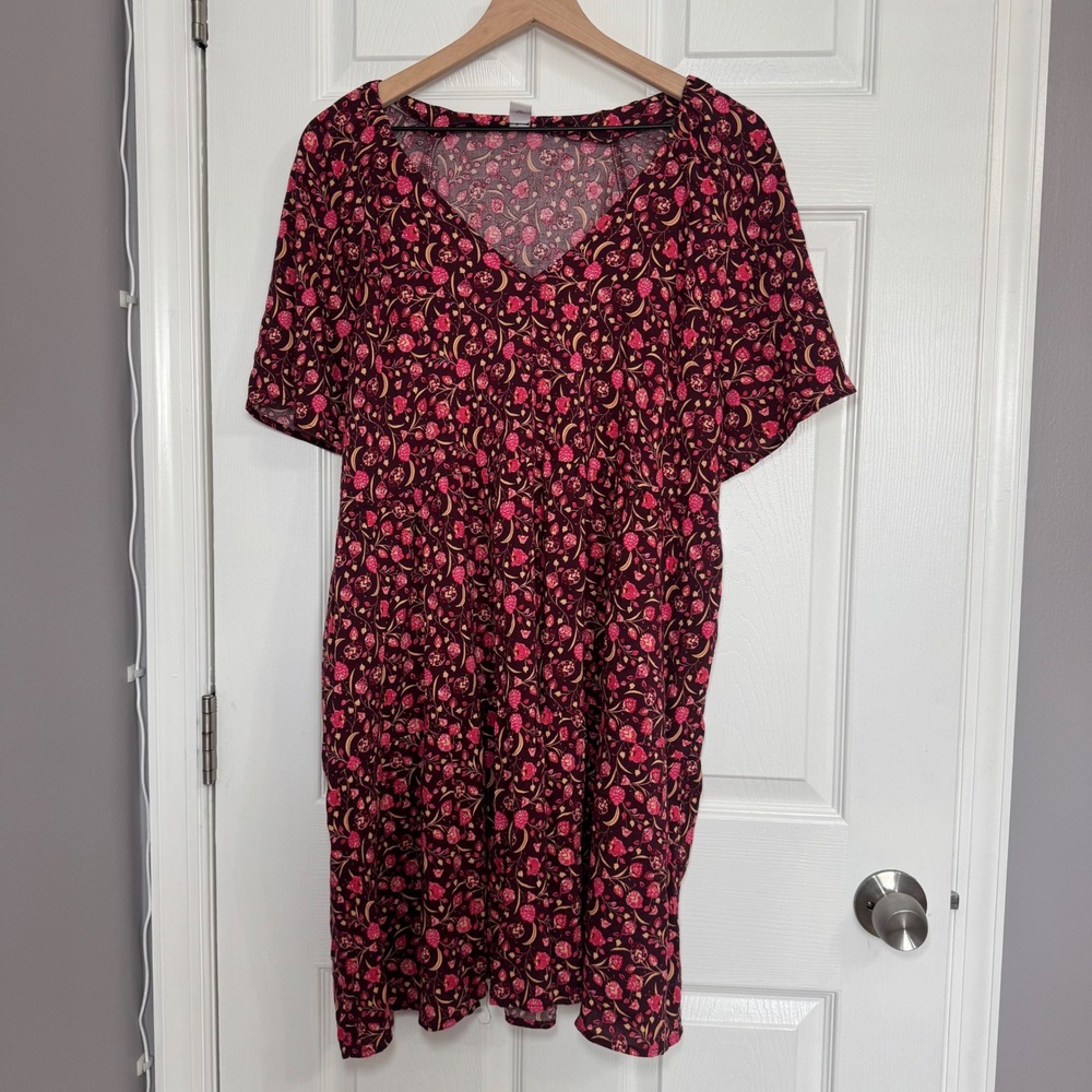 NWT Old Navy Dress XL Women's Floral Burgundy Pink Short Sleeve Pockets Spring